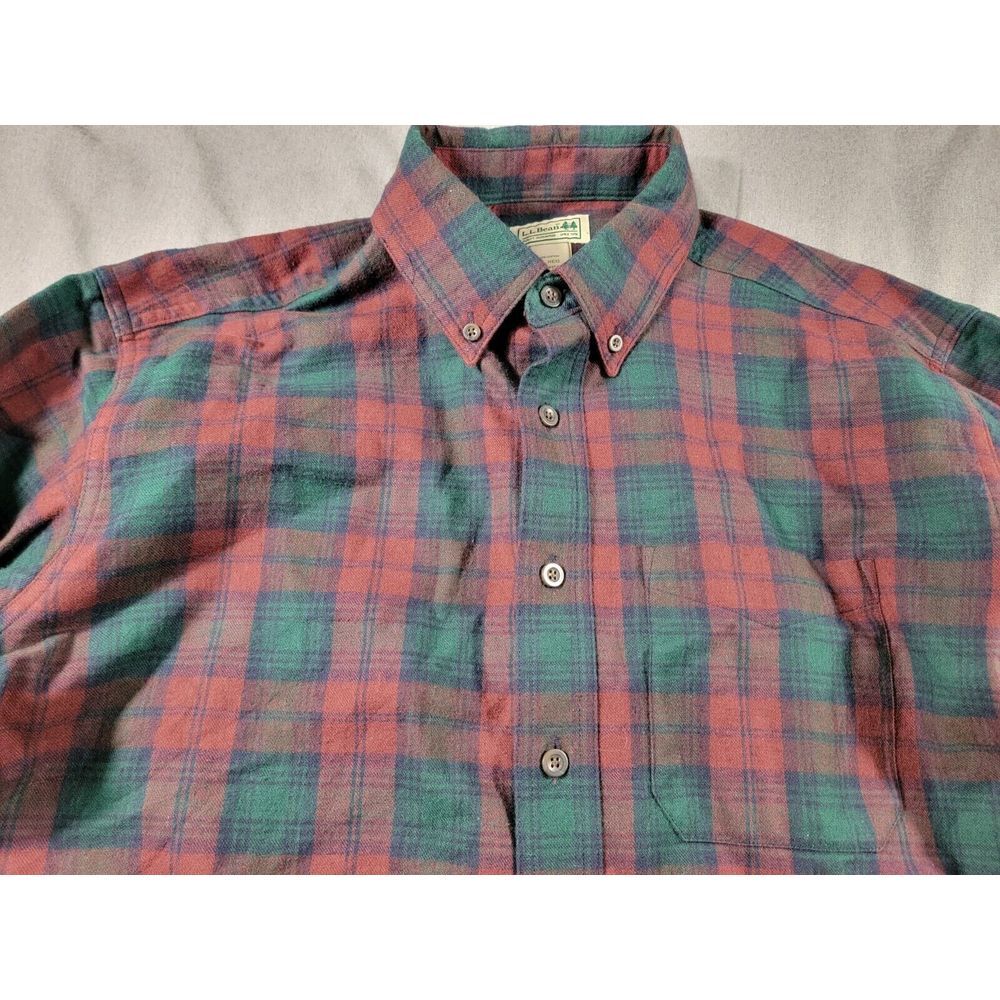 Vintage LL Bean Burgundy Green Plaid Long Sleeve Thick Flannel Men's Large